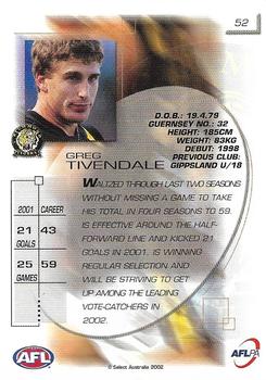 2002 Select AFL Exclusive #52 Greg Tivendale Back